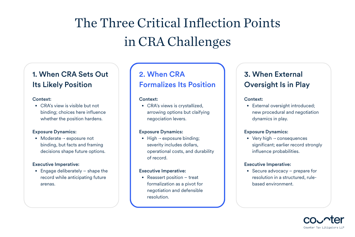 Visual framework that maps out the three critical junctures in a CRA dispute, strategic tax dispute navigation with deep legal expertise by Counter Tax Litigators LLP.