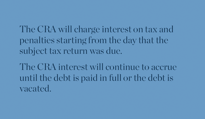 The CRA will charge interest on tax and penalties starting from the day that the subject tax return was due. The CRA interest will continue to accrue until the debt is paid in full or the debt is vacated.