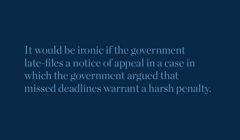 It would be ironic if the government late-files a notice of appeal in a case in which the government argued that missed deadlines warrant a harsh penalty.